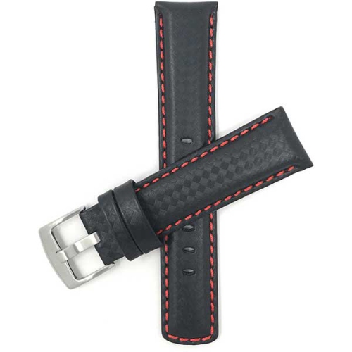 Bandini Mens Leather Carbon Fiber Pattern Smart Watch Band Strap For Moto360 Gen 3 - 22mm, Black / Red / Silver Buckle