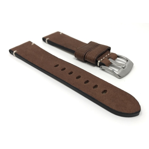 Bandini Mens Distressed Leather Smart Watch Band Strap, Minimal Stitch For Fossil Gen 6, Gen 5 Julianna, Carlyle - 22mm, Brown / Silver Buckle
