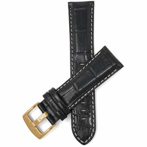 Bandini Mens Leather Alligator Pattern Smart Watch Band Strap, White Stitch For Garmin Forerunner, Vivoactive 4 - 22mm, Black / Gold Buckle