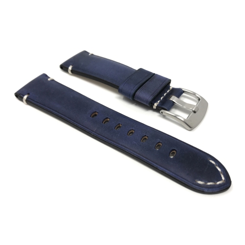 Bandini Mens Distressed Vintage Leather Smart Watch Band Strap For Moto360 Gen 3 - 22mm, Blue / Silver Buckle