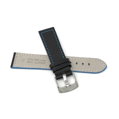 Bandini Bracelet de montre intelligente deux tons en cuir épais pour hommes pour Mobvoi Ticwatch E, E3, C2 - 20mm, Noir / Bleu / Boucle Argentée