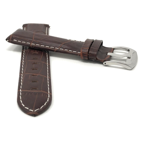 Bandini Mens Leather Alligator Pattern, Stitch Smart Watch Band Strap For Garmin Forerunner, Vivoactive 4 - 22mm, Brown / Silver Buckle