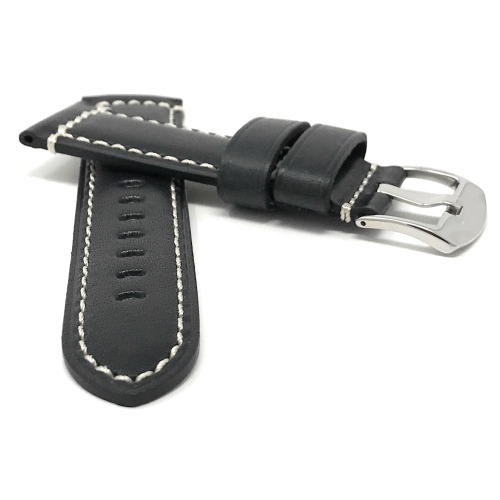 Bandini Bracelet de montre intelligente en cuir pour homme - Double couture pour Sunnto 9, Suunto 7 - 22mm, Noir / Boucle Argentée