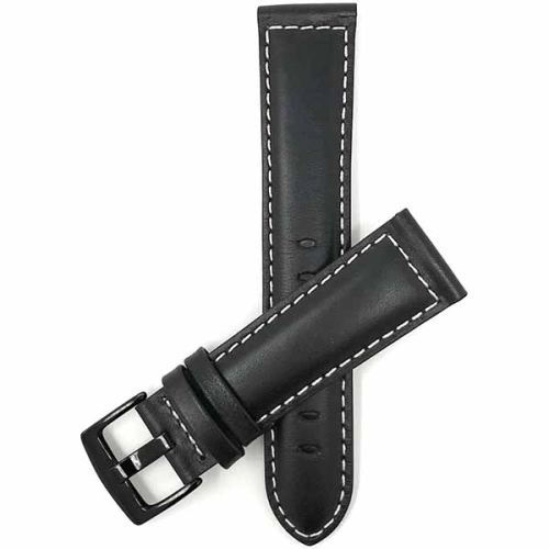 BANDINI  Mens Padded Leather Smart Watch Band Strap Stitch for Mobvoi Ticwatch E, E3, C2 - 20Mm, Black / Black Buckle In White