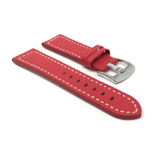 Bandini Bracelet pour montre intelligente en cuir épais, surpiqûres blanches pour Garmin pourerunner, Vivoactive 4 - 22mm, Rouge / Boucle Argentée