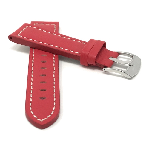 Bandini Bracelet pour montre intelligente en cuir épais, surpiqûres blanches pour Garmin pourerunner, Vivoactive 4 - 22mm, Rouge / Boucle Argentée