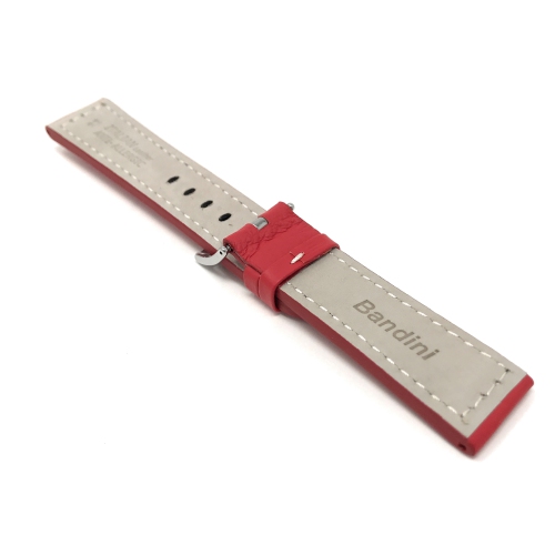 Bandini Bracelet pour montre intelligente en cuir épais, surpiqûres blanches pour Garmin pourerunner, Vivoactive 4 - 22mm, Rouge / Boucle Argentée
