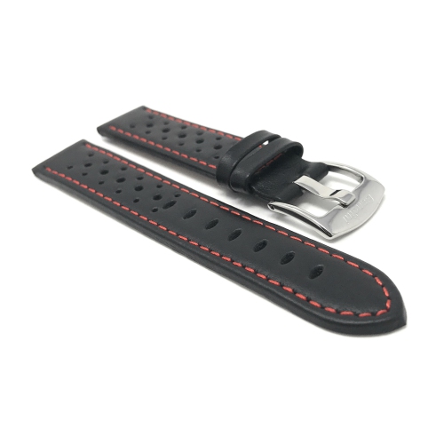 Bandini Mens Perforated Leather Rally Strap Smart Watch Band Strap For Oneplus Watch - 22mm, Black / Red / Silver Buckle