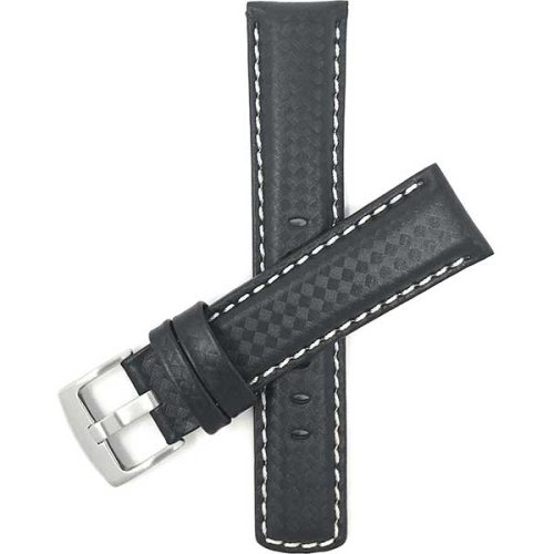 Bandini Mens Leather Carbon Fiber Pattern Smart Watch Band Strap For Mobvoi Ticwatch E2, S2, Pro, Pro 3 - 22mm, Black / White / Silver Buckle
