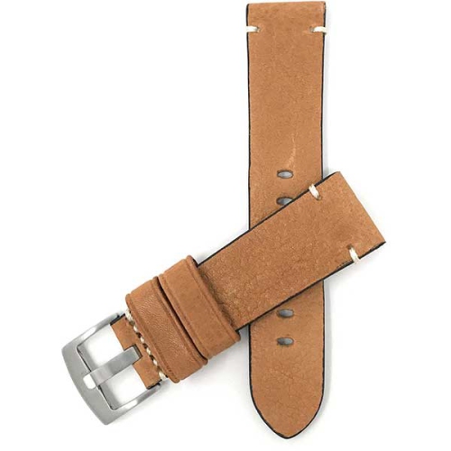 Bandini Mens Distressed Leather Smart Watch Band Strap, Minimal Stitch For Sunnto 9, Suunto 7 - 22mm, Tan / Silver Buckle