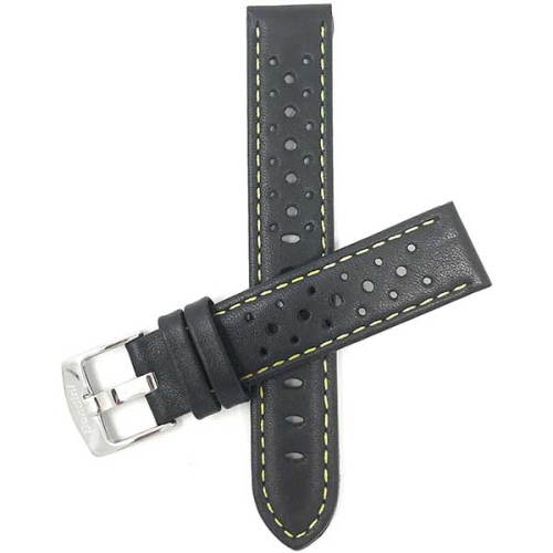 Bandini Mens Perforated Leather Rally Strap Smart Watch Band Strap For Amazfit Bip, U, S, Lite, GTR 42mm, GTS - 20mm, Black / Yellow / Silver Buckle