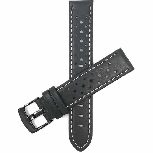 Bandini Mens Perforated Leather Rally Strap Smart Watch Band Strap For Mobvoi Ticwatch E, E3, C2 - 20mm, Black / White / Black Buckle