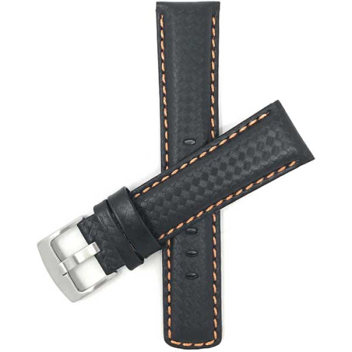 Bandini Mens Leather Carbon Fiber Pattern Smart Watch Band Strap For Moto360 Gen 3 - 22mm, Black / Orange / Silver Buckle