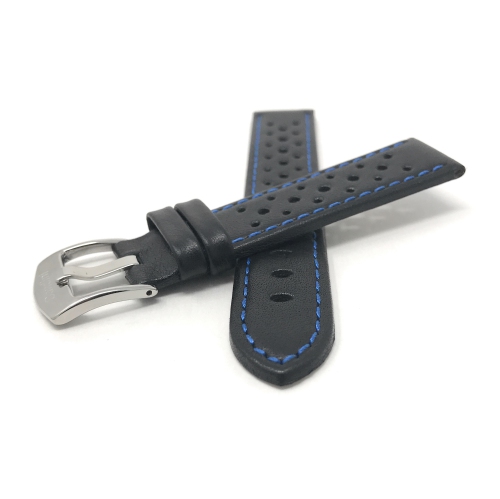 Bandini Mens Perforated Leather Rally Strap Smart Watch Band Strap For Sunnto 9, Suunto 7 - 22mm, Black / Blue / Silver Buckle