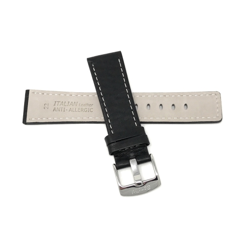 Bandini Square Tip Leather Smartwatch Strap, White Stitch For Oneplus Watch - 22mm, Black / Silver Buckle
