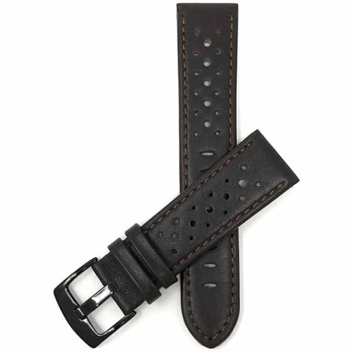 Bandini Mens Perforated Leather Rally Strap Smart Watch Band Strap For Mobvoi Ticwatch E, E3, C2 - 20mm, Brown / Black Buckle
