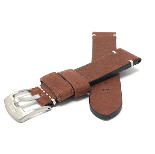 Bandini Mens Distressed Leather Smart Watch Band Strap, Minimal Stitch For Skagen Falster 2 and 3, Jorn - 22mm, Dark Tan / Silver Buckle