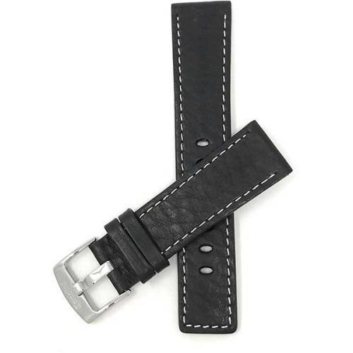 Bandini Bracelet pour montre intelligente en cuir à bout carré, surpiqûre blanche pour Garmin pourerunner, Vivoactive 4 - 22mm, Noir / Boucle Argentée