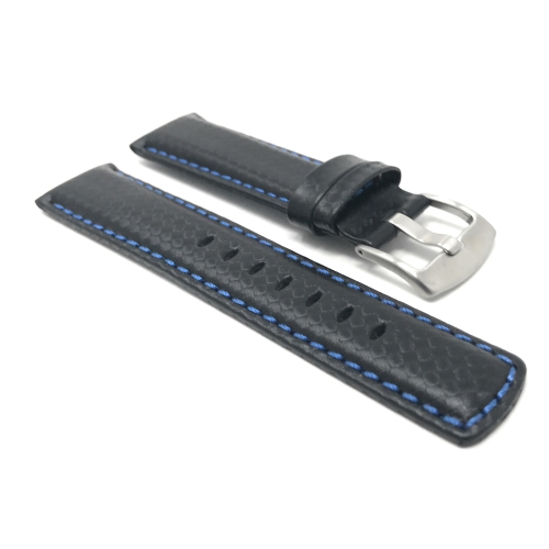 Bandini Mens Leather Carbon Fiber Pattern Smart Watch Band Strap For Fossil Hybird HR Latitude - 24mm, Black / Blue / Silver Buckle