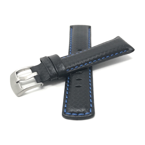 Bandini Mens Leather Carbon Fiber Pattern Smart Watch Band Strap For Fossil Hybird HR Latitude - 24mm, Black / Blue / Silver Buckle