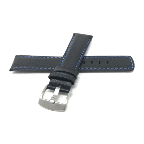 Bandini Mens Leather Carbon Fiber Pattern Smart Watch Band Strap For Fossil Hybird HR Latitude - 24mm, Black / Blue / Silver Buckle