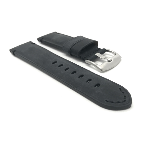 Bandini Mens Distressed Vintage Leather Smart Watch Band Strap For Moto360 Gen 3 - 22mm, Black / Black Stitch / Silver Buckle