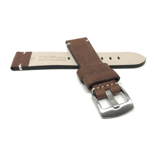 Bandini Bracelet de montre intelligente en cuir vieilli pour homme, couture minimale pour Oneplus Watch - 22mm, Brun / Boucle Argentée