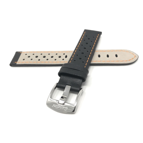 Bandini Bracelet de montre intelligente en cuir perforé pour hommes, style rallye pour Fossil Hybird HR Latitude - 24mm, Noir / Orange / Boucle