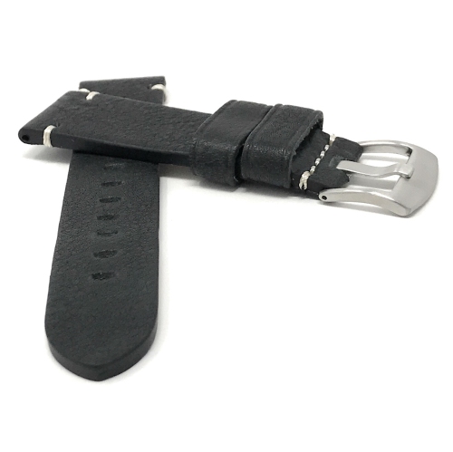 Bandini Mens Distressed Leather Smart Watch Band Strap, Minimal Stitch For Fossil Gen 6, Gen 5 Julianna, Carlyle - 22mm, Black / Silver Buckle