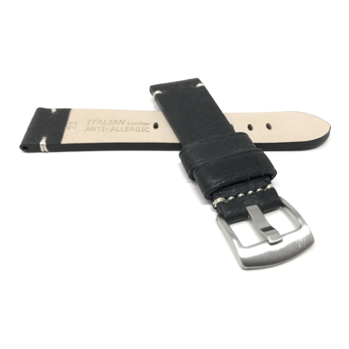 Bandini Mens Distressed Leather Smart Watch Band Strap, Minimal Stitch For Fossil Gen 6, Gen 5 Julianna, Carlyle - 22mm, Black / Silver Buckle