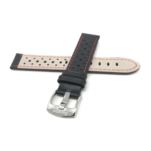 Bandini Mens Perforated Leather Rally Strap Smart Watch Band Strap For Sunnto 9, Suunto 7 - 22mm, Black / Red / Silver Buckle