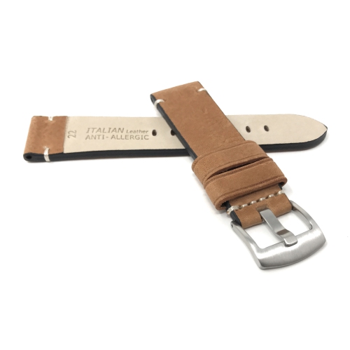 Bandini Mens Distressed Leather Smart Watch Band Strap, Minimal Stitch For Skagen Falster 2 and 3, Jorn - 22mm, Tan / Silver Buckle