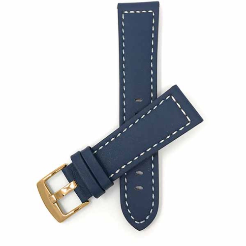 Bandini Thick Leather Racer Smartwatch Strap, White Stitch For Sunnto 9, Suunto 7 - 22mm, Blue / Gold Buckle