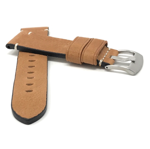 Bandini Mens Distressed Leather Smart Watch Band Strap, Minimal Stitch For Fossil Gen 6, Gen 5 Julianna, Carlyle - 22mm, Tan / Silver Buckle