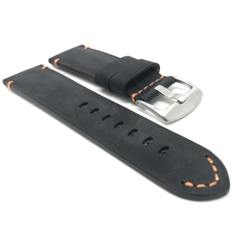 Bandini Mens Distressed Vintage Leather Smart Watch Band Strap For Moto360 Gen 3 - 22mm, Black / Orange / Silver Buckle