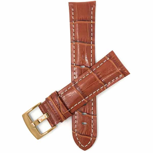 Bandini Mens Leather Alligator Pattern Smart Watch Band Strap, White Stitch For Michael Kors Access Runway - 18mm, Tan / Gold Buckle