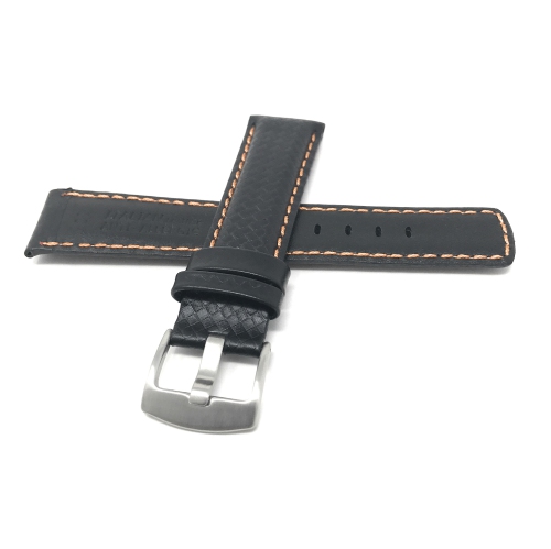 Bandini Mens Leather Carbon Fiber Pattern Smart Watch Band Strap For Michael Kors Bradshaw - 22mm, Black / Orange / Silver Buckle