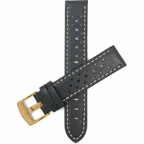 Bandini Mens Perforated Leather Rally Strap Smart Watch Band Strap For Sunnto 9, Suunto 7 - 22mm, Black / White / Gold Buckle
