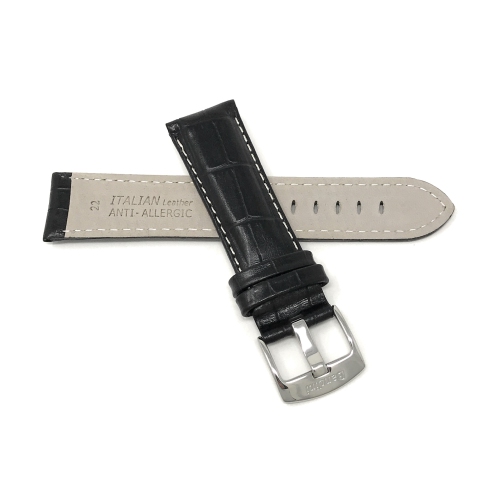 Bandini Mens Leather Alligator Pattern Smart Watch Band Strap, White Stitch For Skagen Falster 2 and 3, Jorn - 22mm, Black / Silver Buckle