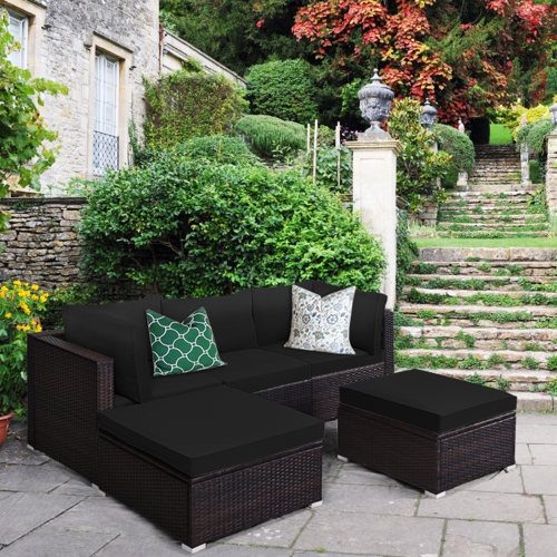 Gymax 5PCS Rattan Patio Conversation Set Outdoor Furniture Set w/ Black Cushions