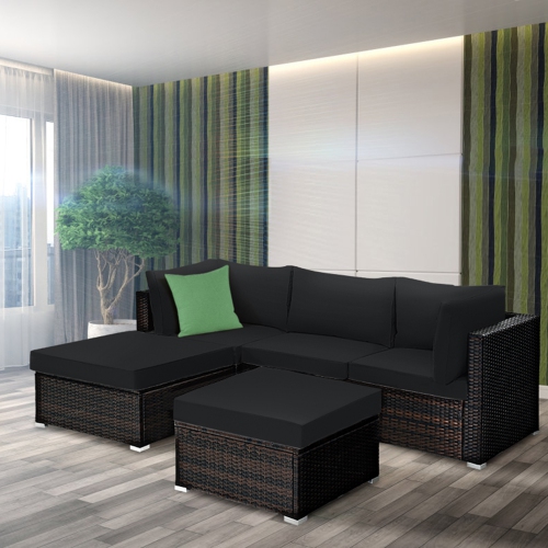 Gymax 5PCS Rattan Patio Conversation Set Outdoor Furniture Set w/ Black Cushions