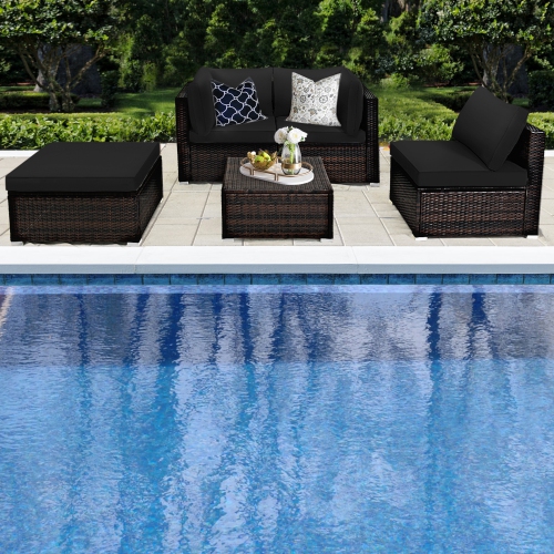 Gymax 5PCS Rattan Patio Conversation Set Outdoor Furniture Set w/ Black Cushions
