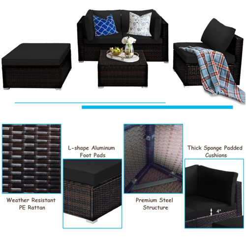 Gymax 5PCS Rattan Patio Conversation Set Outdoor Furniture Set w/ Black Cushions