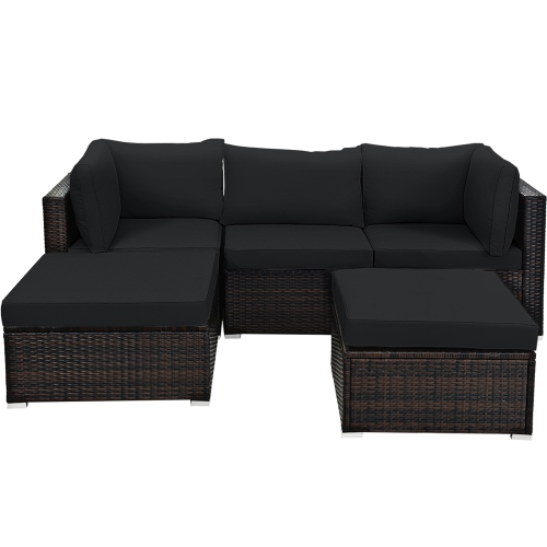 Gymax 5PCS Rattan Patio Conversation Set Outdoor Furniture Set w/ Black Cushions