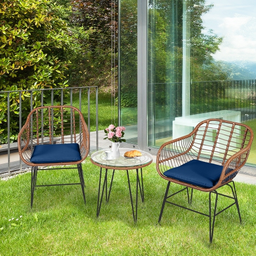 GYMAX  3PCs Rattan Patio Conversation Set Bistro Chat Set W/ Cushions