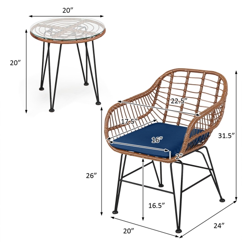 Gymax 3PCS Rattan Patio Conversation Set Bistro Chat Set w/ Cushions