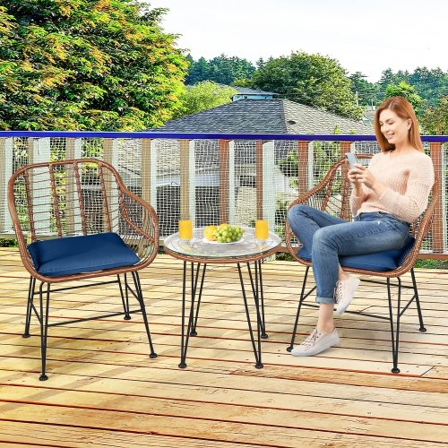 Gymax 3PCS Rattan Patio Conversation Set Bistro Chat Set w/ Cushions
