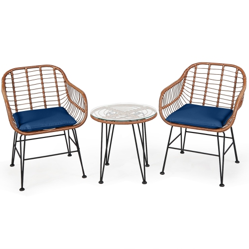 Gymax 3PCS Rattan Patio Conversation Set Bistro Chat Set w/ Cushions