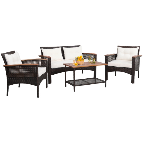 GYMAX  4PCs Rattan Patio Furniture Set Acacia Wood Outdoor Conversation Set W/ Cushions