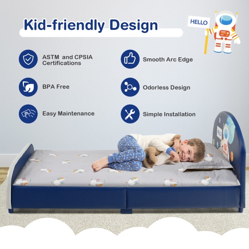 Costway Kids Upholstered Platform Bed Children Twin Size Wooden Bed Astronaut Pattern